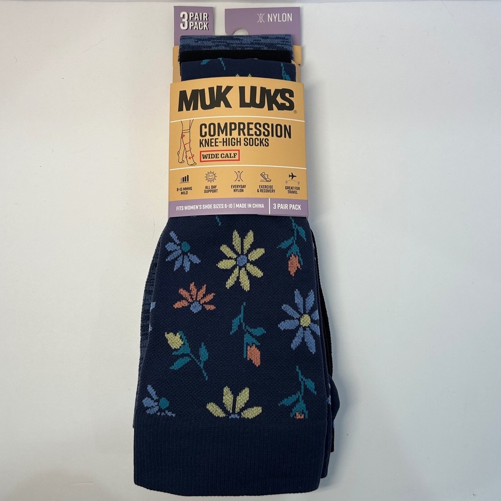Muk Luks Compression Knee High Socks 3 Pair Pack Wide Calf Navy Floral Size 6-10